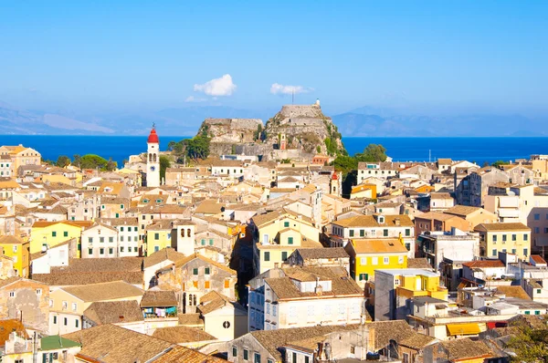 CORFU-AUGUST 22:Corfu cityscape with the Saint Spyridon Church bell tower in the distance seen from the New Fortress on August 22, 2014 on Corfu island, Greece. — стокове фото