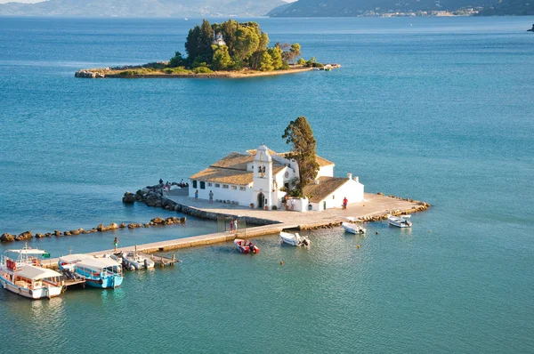 Panorama of Chalikiopoulou Lagoon with Pontikonisi and Vlacheraina monastery on the island of Corfu, Greece