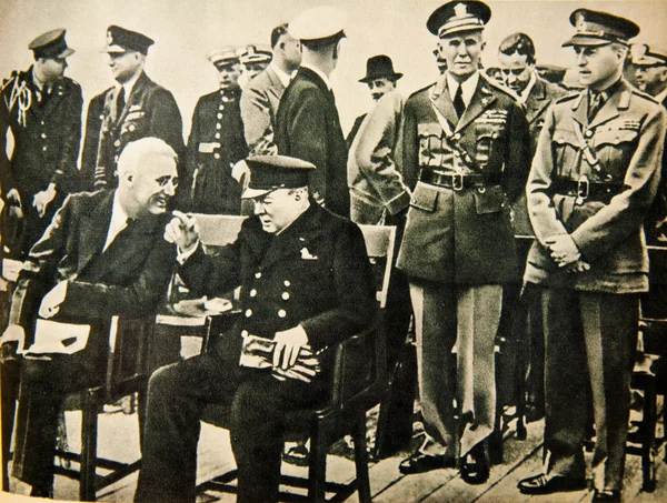 NEWFOUNDLAND - 11 AGOSTO: Il Presidente Franklin D. Roosevelt e Sir Winston Churchill alla Conferenza Atlantica dell '11 agosto 1941 a Placentia Bay, Terranova Fotografia Stock