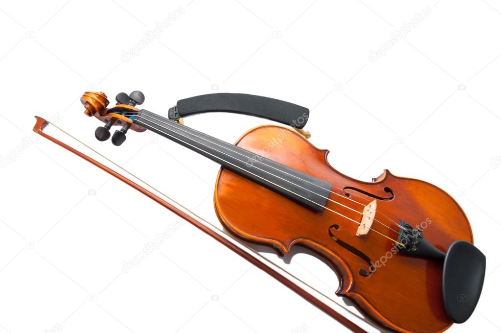 Violin with the fiddlestick isolated on white.
