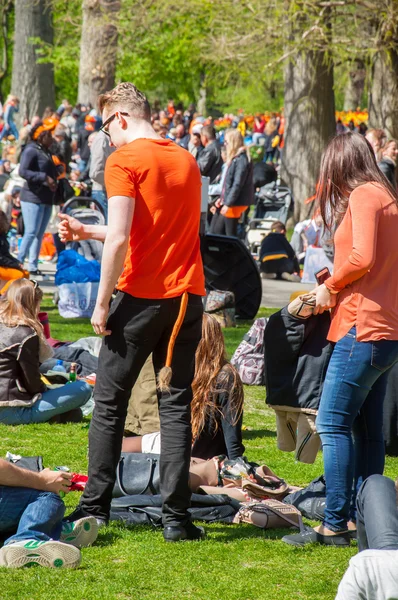 AMSTERDAM-APRIL 27: People in orange celebrate King's Day in on April 27,2015 in Vondelpark, the Netherlands. — Stok fotoğraf