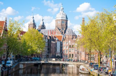 Amsterdam-April 30: Red light district, the Church of St. Nicholas is visible in the background on April 30,2015.