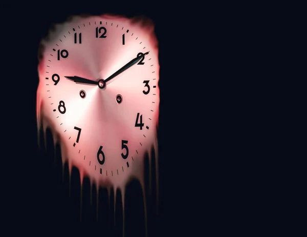mechanical clock face that marks ten minutes past nine and melts on a dark background with copy space