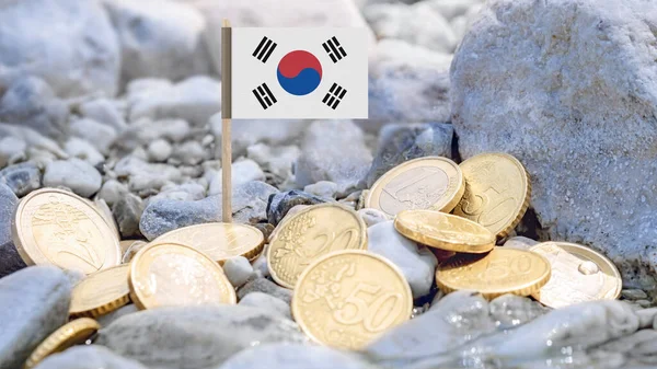 Nehir kıyısında Güney Kore bayrağı ve avro sikkeleri, dış yatırım, döviz kuru ve Kore ve Avrupa ekonomisine bağlı uluslararası finans.