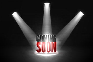 Çok yakında. Karanlık bir arka plan üzerinde Spotlight Parlatıcı etkileri metinde