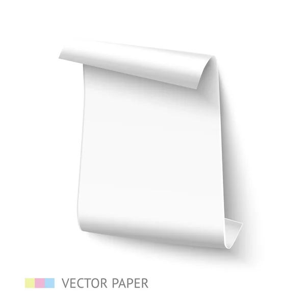 White vertical curved paper sheet banner with roll. Realistic vector template. — Stock Vector