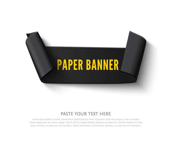 Black curved paper ribbon banner with rolls and inscription — Stock Vector