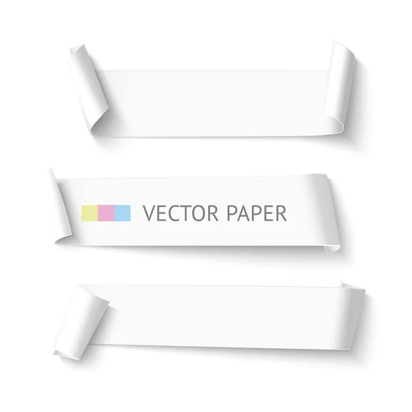 Set of horizontal blank white curved paper ribbon banner. Realistic vector template — Stock Vector