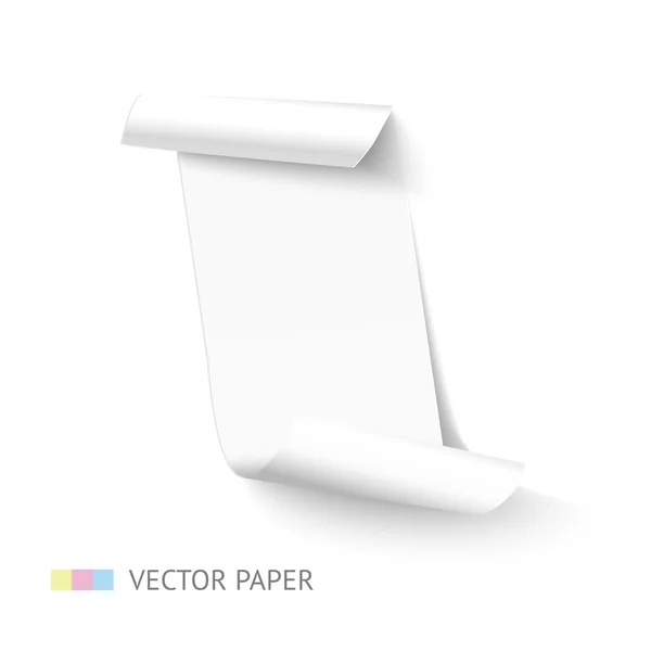 Banner de folha de papel curvo vertical branco com rolo. Modelo de vetor realista . — Vetor de Stock