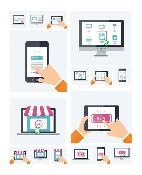 Flat design online shop website on various devices, purchasing via internet, on-line shopping infographic template, e-commerce paying nfc — Stock Vector