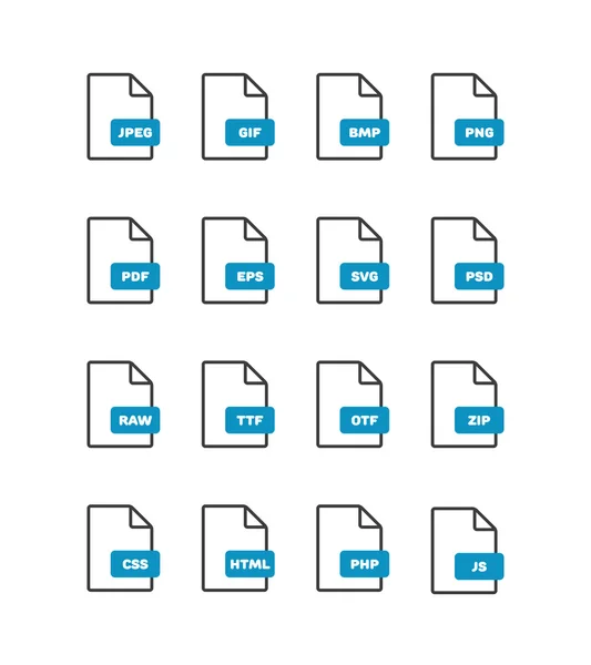 Conjunto de iconos de formato de archivo vectorial lineal aislado en blanco — Vector de stock