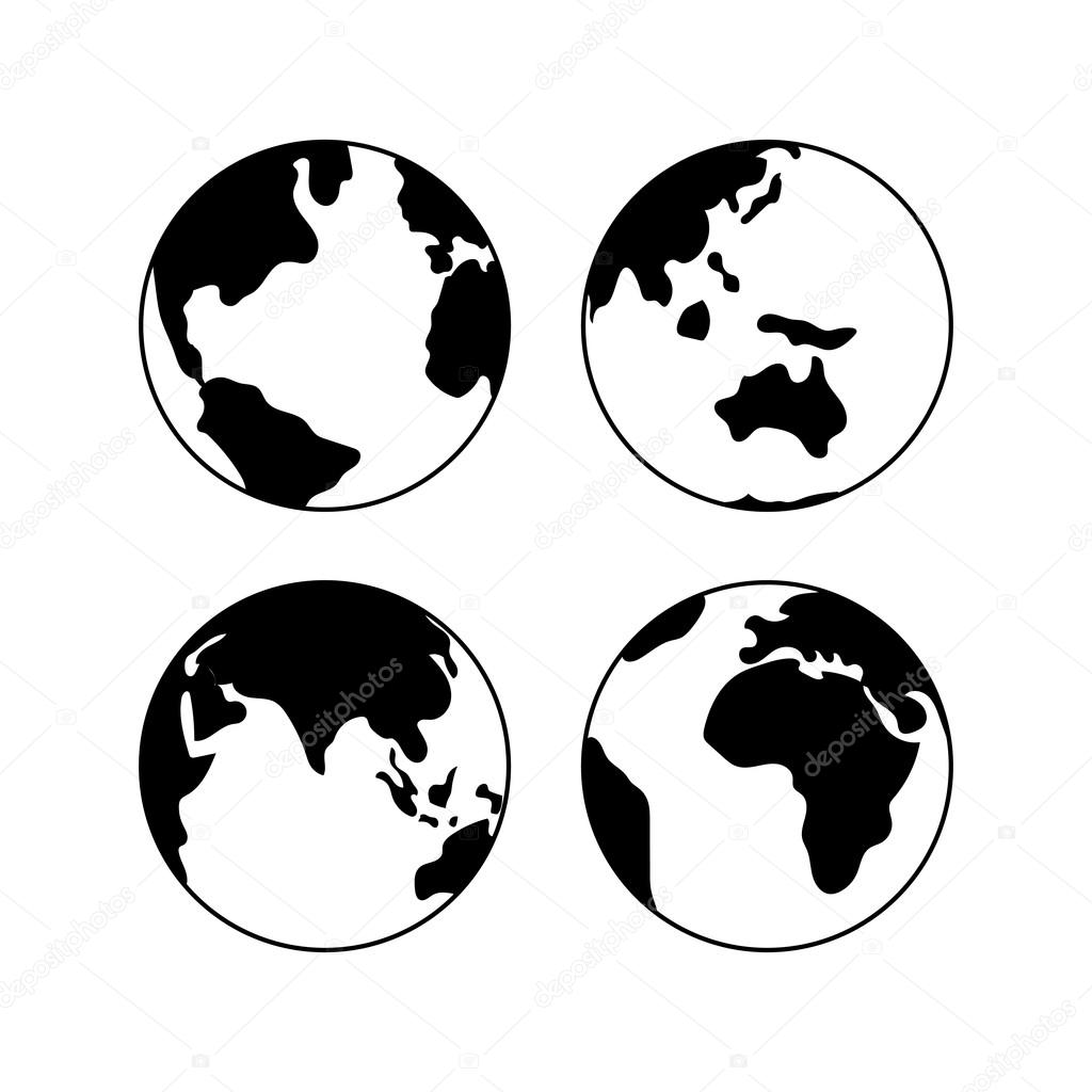 Globe Earth vector black icons set, vector globe signs isolated on white. Globe icons for web and applications. Travel concept. Globe icons for geography
