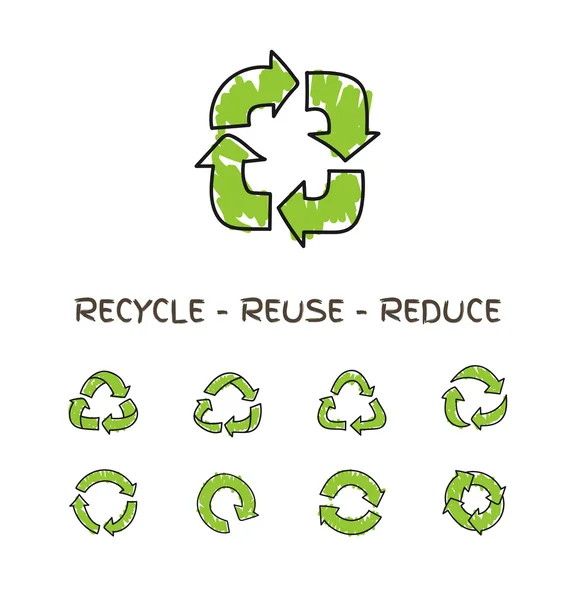 Flechas circulares de garabato dibujadas a mano, iconos de reciclaje de vectores aislados en blanco — Vector de stock