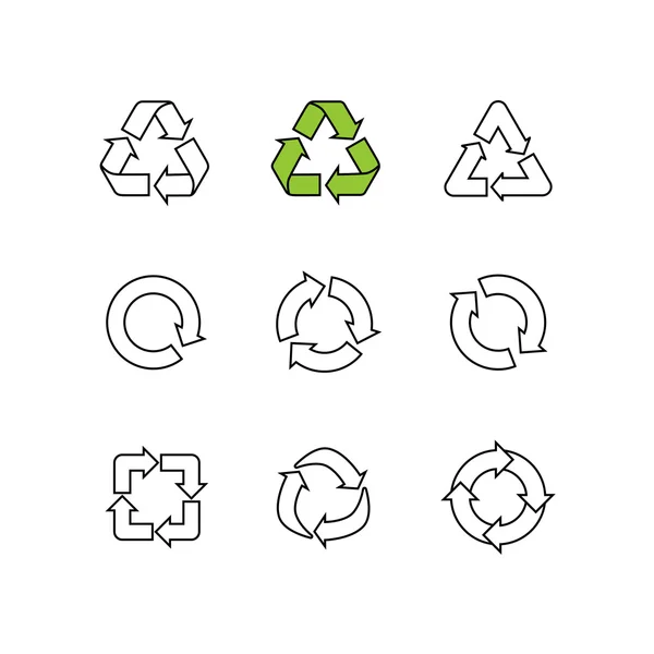 Uppsättning av skiss doodle vektor recycle återanvändning symbol isolerad på vit — Stock vektor