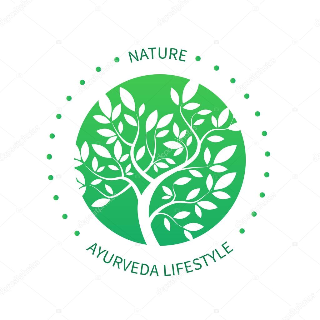 Ayurvedic vector tree icon, alternative medicine logo isolated on white. Simple vector tree with brunches and leaves. Green circle tree vector logo design template.