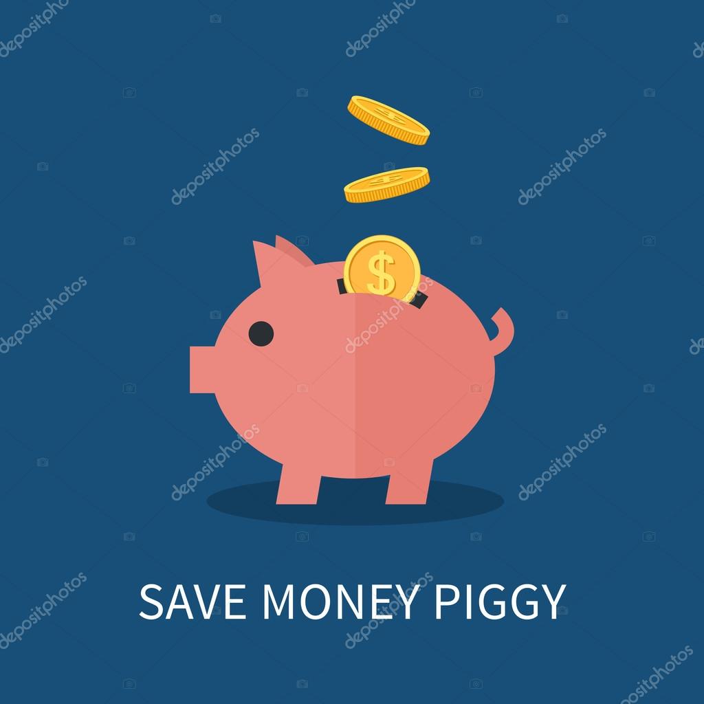 Flat Piggy bank and gold coins. Saving and investing money concept. Flat vector illustration for infographics and web design
