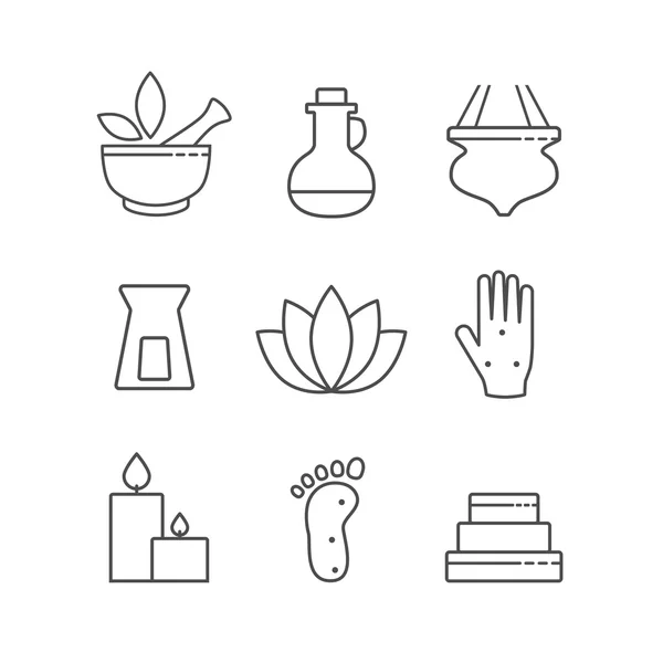 Conjunto de esquemas lineales medicina alternativa e iconos de spa, vector — Vector de stock