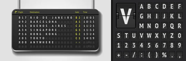 Horario de vuelo en 3D negro con llegadas. Junta de salida de la aerolínea vectorial. Plantilla realista del tablero del aeropuerto del tirón. Analog scoreboard fuente sobre fondo oscuro — Archivo Imágenes Vectoriales