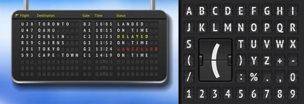Airport alfabet board op donkere achtergrond. 3D Airport scorebord met geannuleerde vluchten als gevolg van covid pandemy. Zwarte luchthaven dienstregeling met vertrek. — Stockvector
