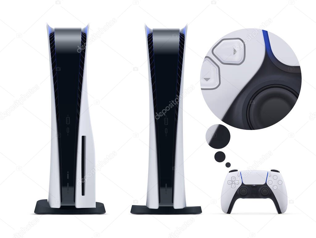 Two realistic nextgen consoles with new gamepad remote controller isolated on white background. Vector illustration