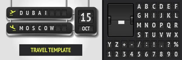 Départ de ligne avec vol Dubaï Moscou. Retourner le modèle de police de tableau d'aéroport. Horaire de l'aéroport 3D noir avec Date du voyage. Fonte de tableau de bord analogique — Image vectorielle