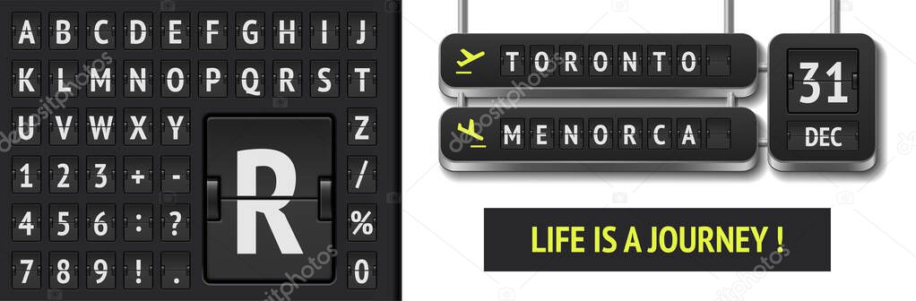 Flip airport board template with Date of departure for web banner or ad of tour. Scoreboard font on vector airline board with destination in Toronto and Menorca.