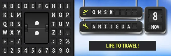 Modèle de tableau de bord de la compagnie aérienne flip 3D avec la date du vol ou du train. Tableau de bord alphabet et tableau de départ de l'aéroport vectoriel avec destination à Omsk et Antigua. — Image vectorielle