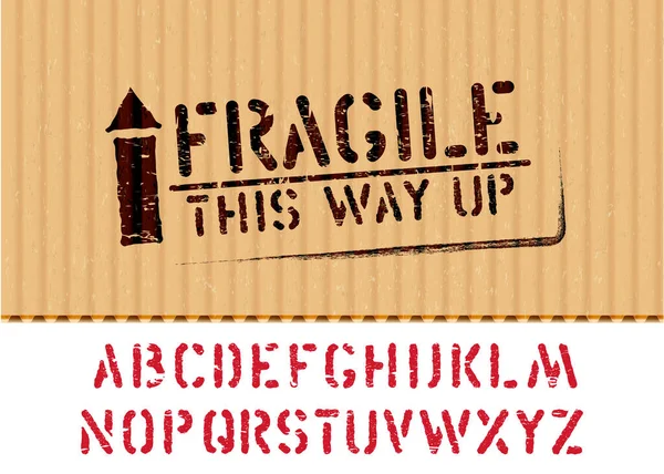 Grunge Panneau de boîte fragile avec flèche vers le haut sur le morceau de carton pour la cargaison et l'alphabet. Fonte vectorielle stencil — Image vectorielle