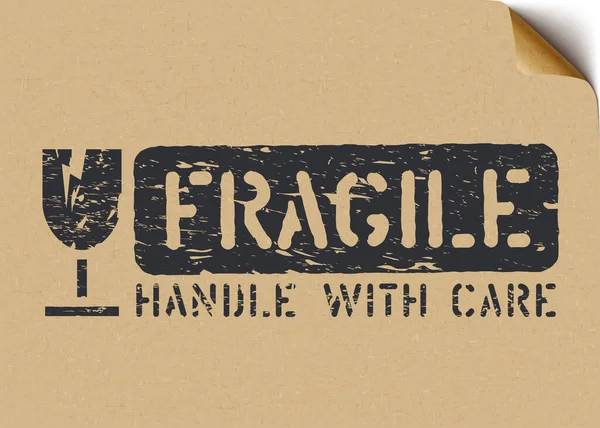 Grunge Sinal frágil na caixa de papel artesanal para logística ou carga. Ilustração vetorial — Vetor de Stock