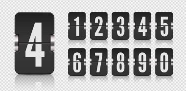 Geri sayım zamanlayıcısı için yansımaları olan bir takım ters sayı tablosu. Şeffaf arkaplanda vektör şablonu.