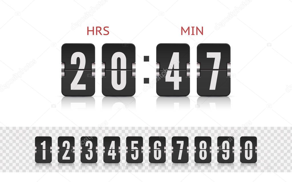 Vector illustration template. Scoreboard number font. Vector coming soon web page design template with flip time counter