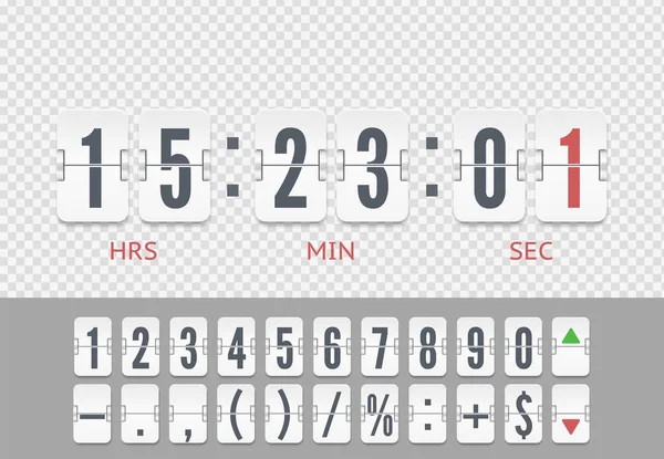 Vintage symbolen tijdmeter vector template. Wit analoog aftellettertype. Flip numbers lettertype time counter informatiepagina — Stockvector