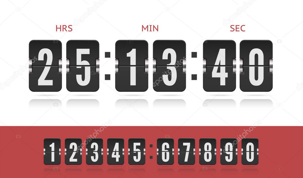 Coming soon web page design with flip time counter. Vector modern ui design old countdown timer. Scoreboard number font.