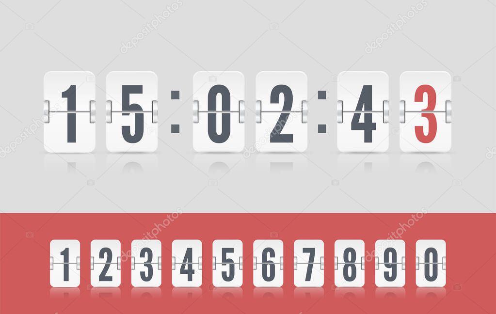 White scoreboard number font. Vector modern ui design old countdown timer. Coming soon web page with flip time counter.