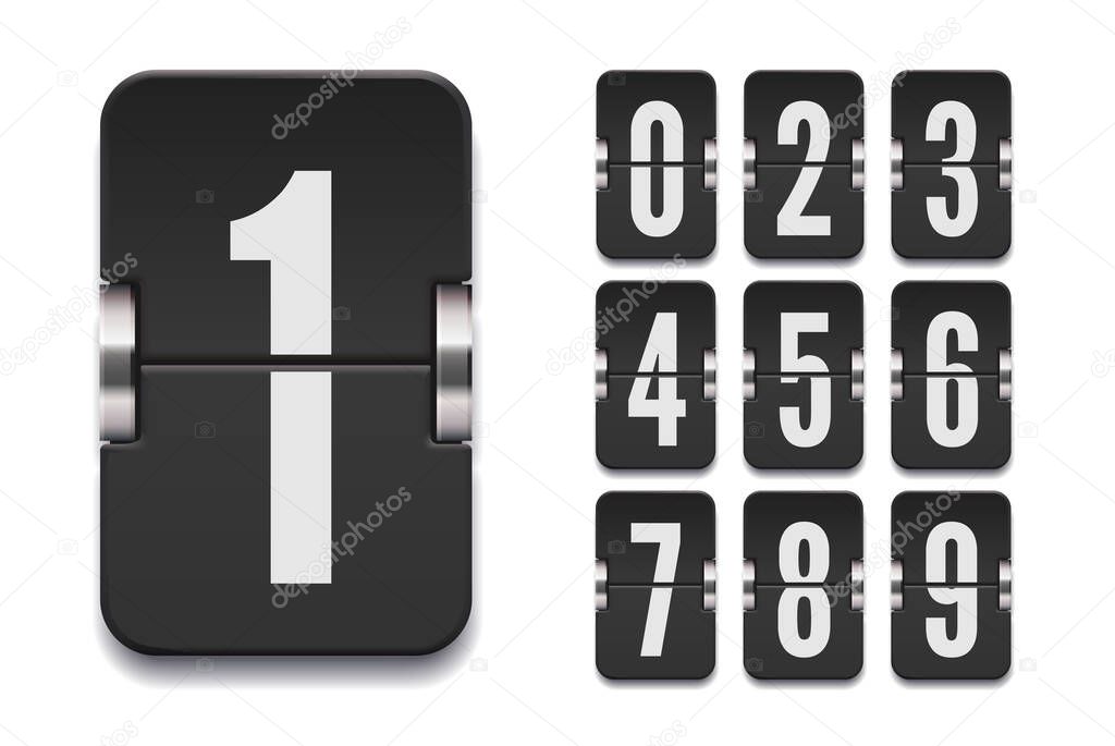 Numeric flip scoreboard set with shadows for black countdown timer or web page watch or calendar. Vector illustration
