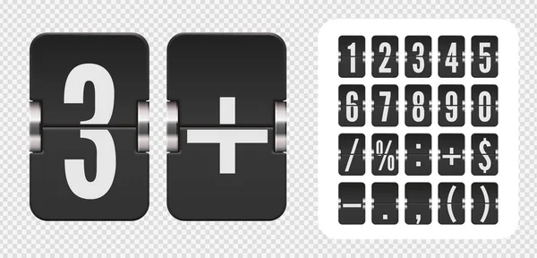 Uppsättning flip-resultattavlor siffror och symboler för nedräkning timer eller kalender. Vektor mall på transparent bakgrund. — Stock vektor