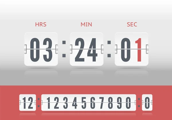 White scoreboard number font. Temporizador de contagem regressiva da placa do aeroporto analógico. Vetor vintage flip relógio contador de tempo — Vetor de Stock