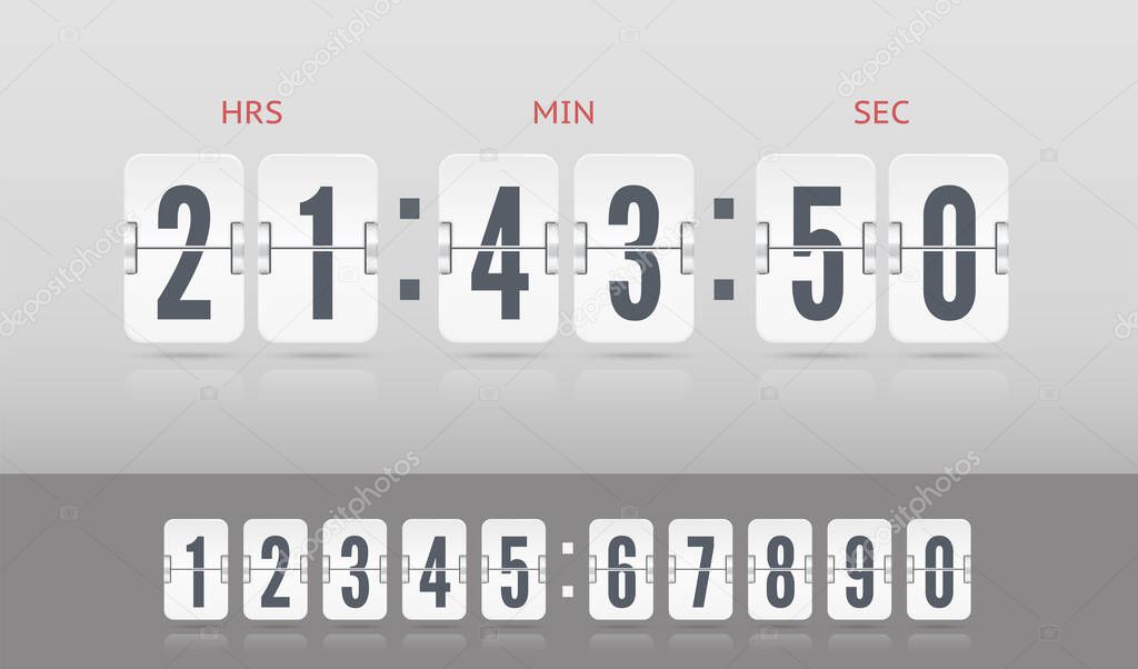Vector modern ui old countdown timer. White scoreboard number font. Coming soon web page design with flip time counter.