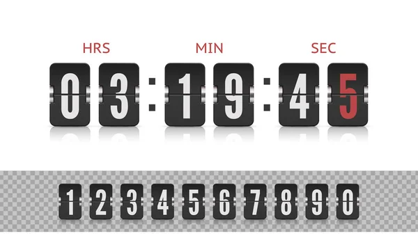 Fonte Scoreboard number. Vecteur vintage flip horloge compteur de temps. Compte à rebours analogique de la carte de l'aéroport avec heure ou minute — Image vectorielle