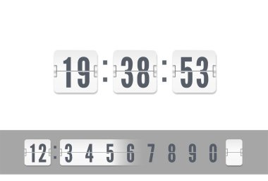Vector vintage flip clock time counter. Analog airport board countdown timer. White scoreboard number font