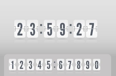 Analog airport board countdown timer. Vector vintage flip clock time counter. Floating white scoreboard number font.