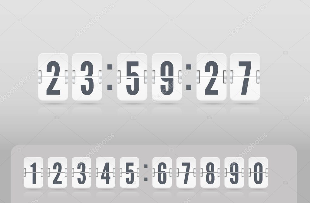 Analog airport board countdown timer. Vector vintage flip clock time counter. Floating white scoreboard number font.