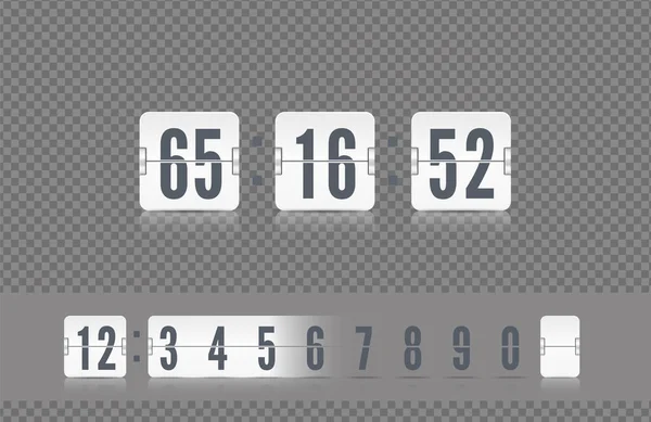 Caratteri con numero di tabellone bianco. Contatore orario vettoriale vintage flip clock. Timer conto alla rovescia analogico bordo aeroporto — Vettoriale Stock
