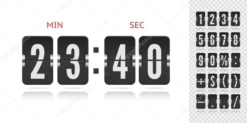 Vector illustration template. Vector coming soon web page design with floating flip time counter. Scoreboard number font