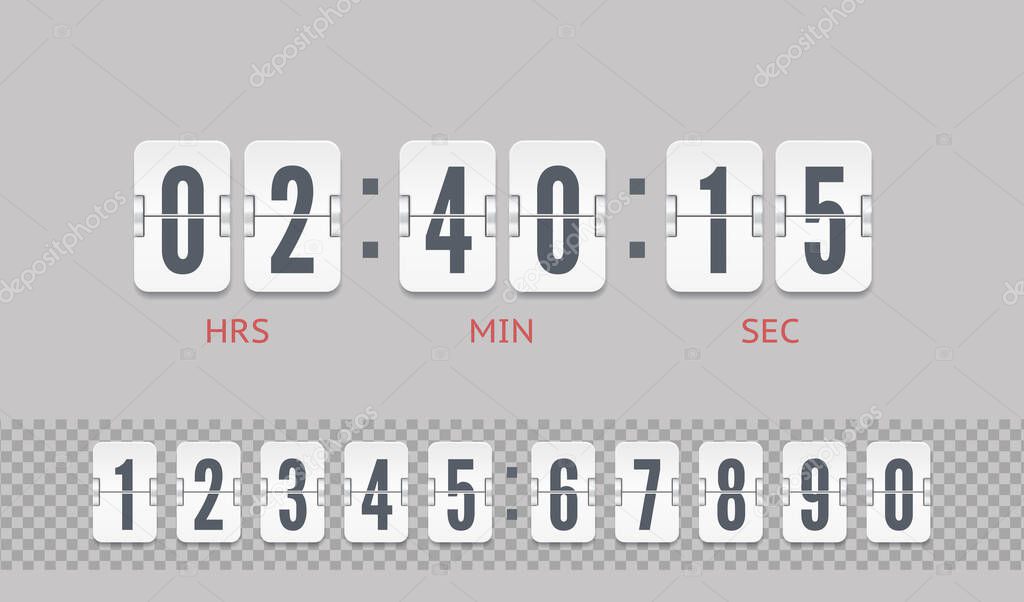 Analog airport board countdown timer of hour or minute. White scoreboard number font. Vector vintage flip clock counter