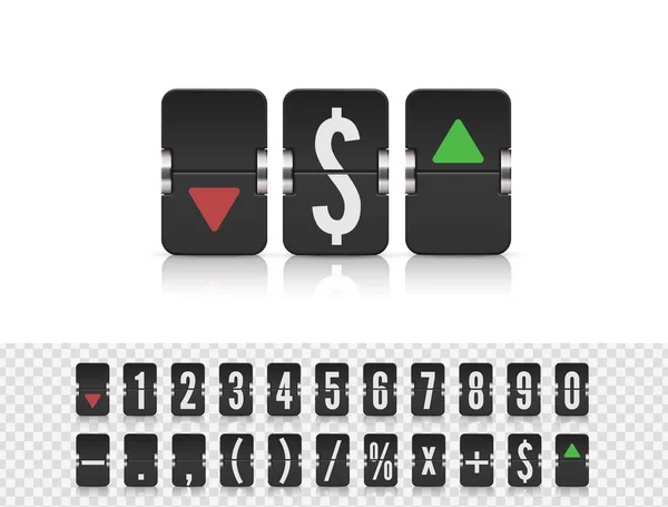 Flip nummer en symbool scorebord. Effectenbeurs vector mechaniekbord. Analoge flip airport board voor countdown timer. — Stockvector