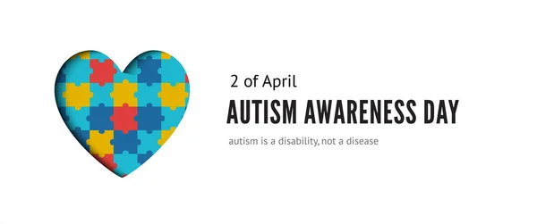 Баннер Дня осознания аутизма с сердцем красочных головоломок — стоковый вектор