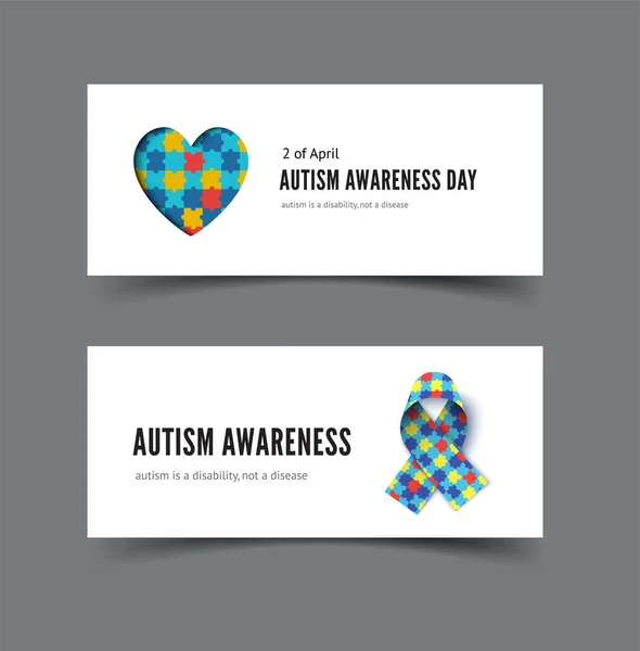 Баннер Дня осознания аутизма с сердцем красочных головоломок и лентой осознания — стоковый вектор