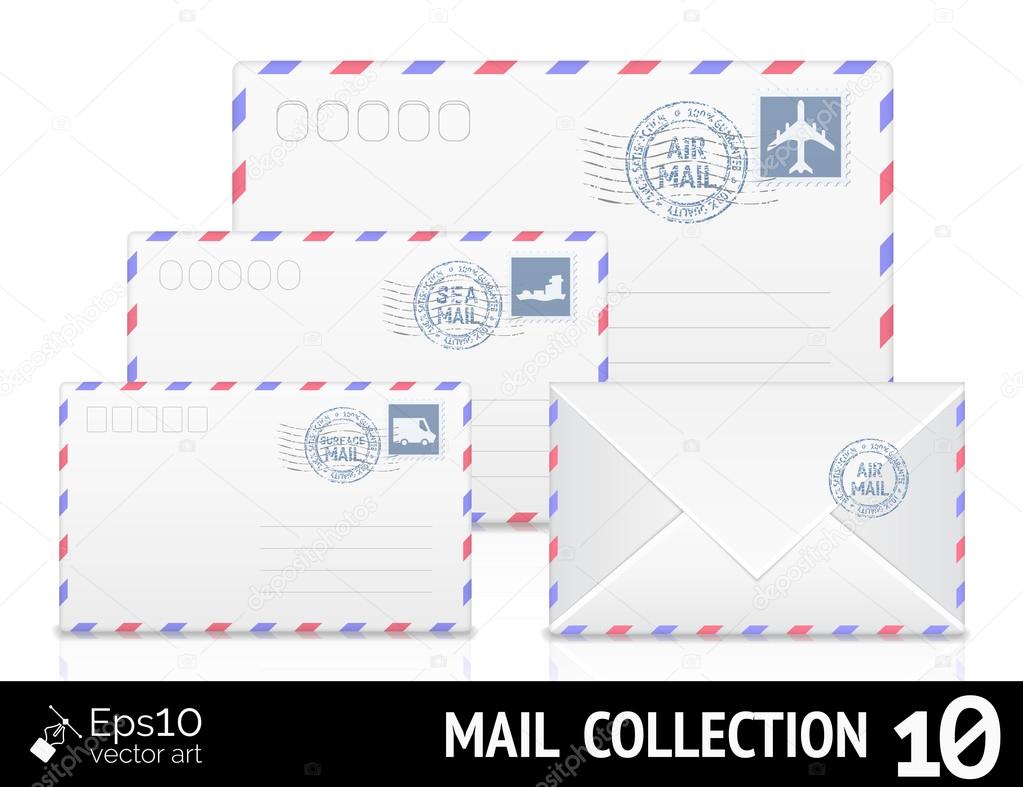 Air mail envelope with postal stamp isolated on white background.