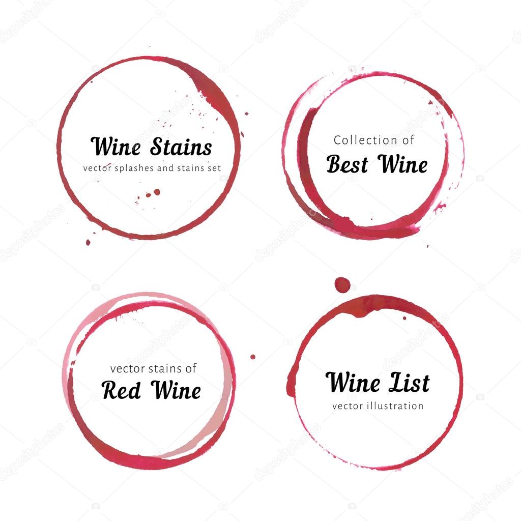 Vector set of Wine stain circles, splashes and spot isolated on white background for logo design. Watercolor hand drawing glass marks